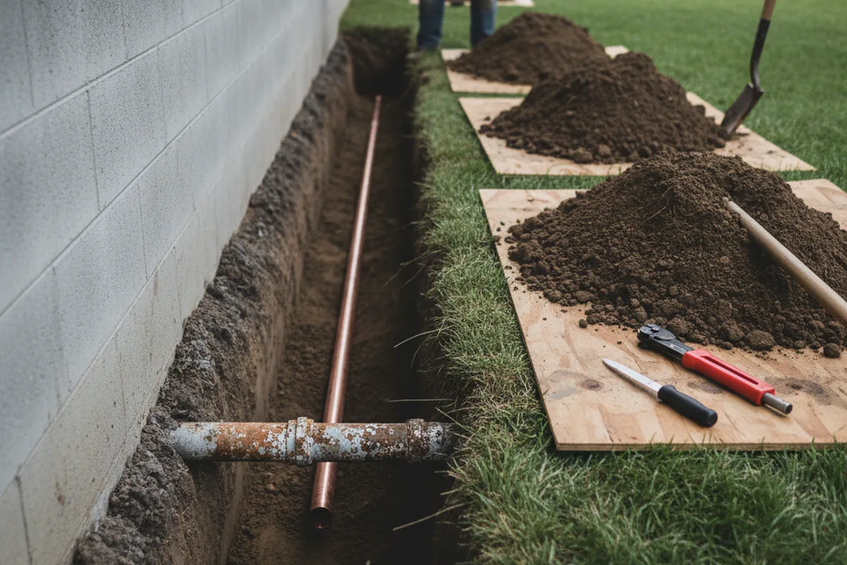 Excavated water line trench during Sewer Line Repair in Bovard